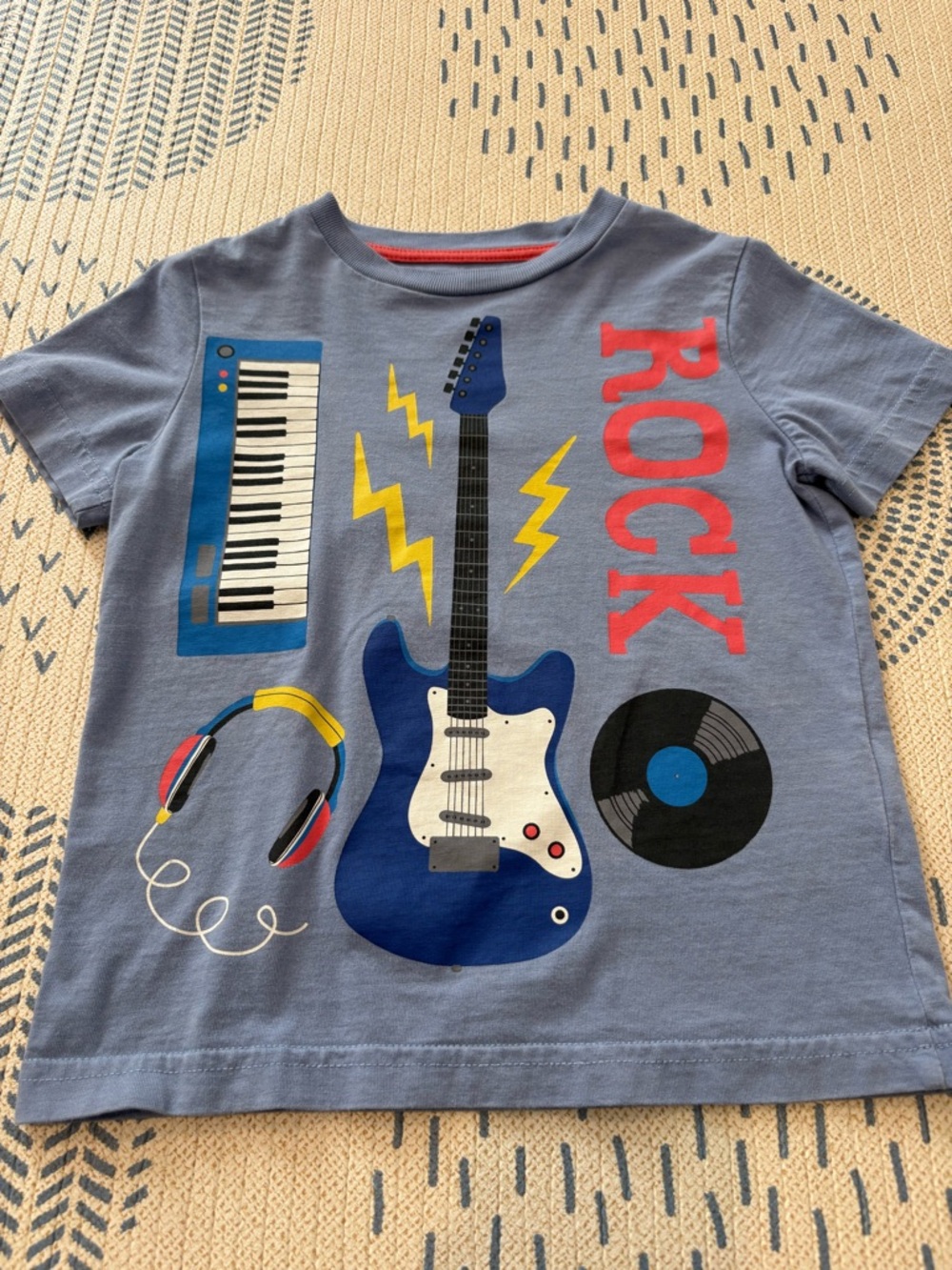 Mini Boden Blue Graphic 'Rock' Tee with Colorful Music Print size 2-3
